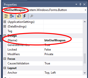 Properties section, showing button name